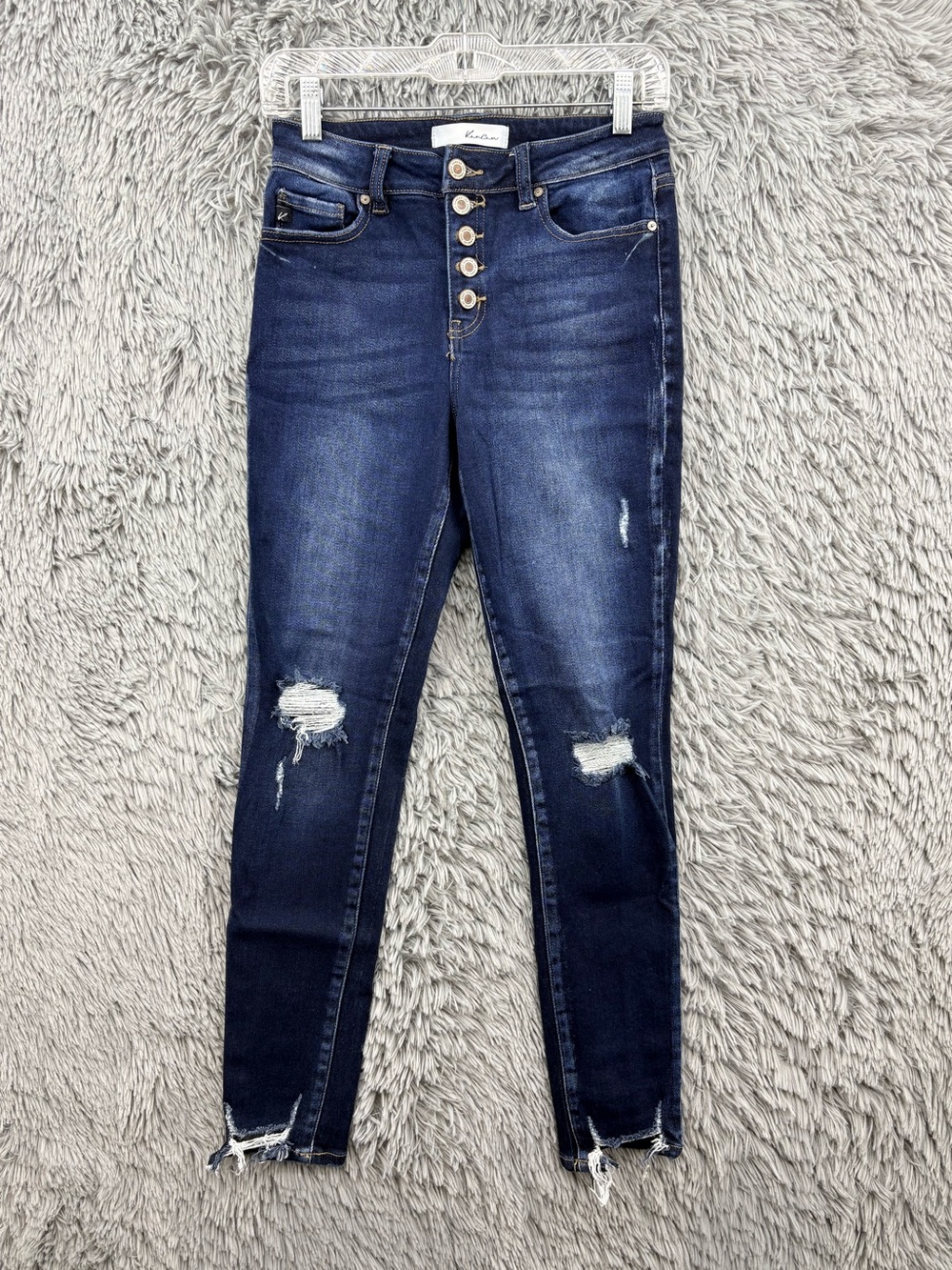 Kancan High Rise Jeans Womens 27 Blue Button Fly Skinny Jeans Raw Hem Distressed